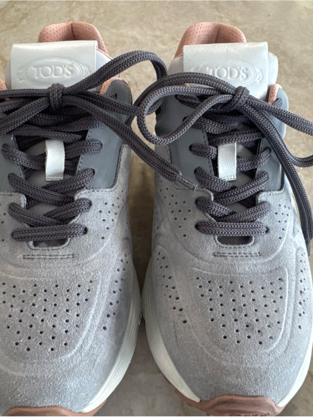 Tod's Grey Suede Sneakers with Pink Lining and Dark Grey Laces